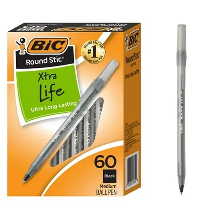 Bic® Round Stic® Pens Xtra Life Medium Point Black 60/box GSM609