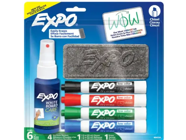 Expo 2 Chisel Tip Starter Set with Eraser, Expo Cleaner and 5 Expo Dry Erase markers available at Fineline Stationery Edson